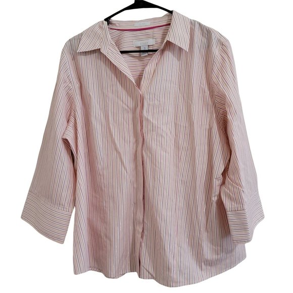 Chicos Button Front Shirt Womens Size XL Orange Pink Striped Long Sleeve Career - Picture 1 of 5